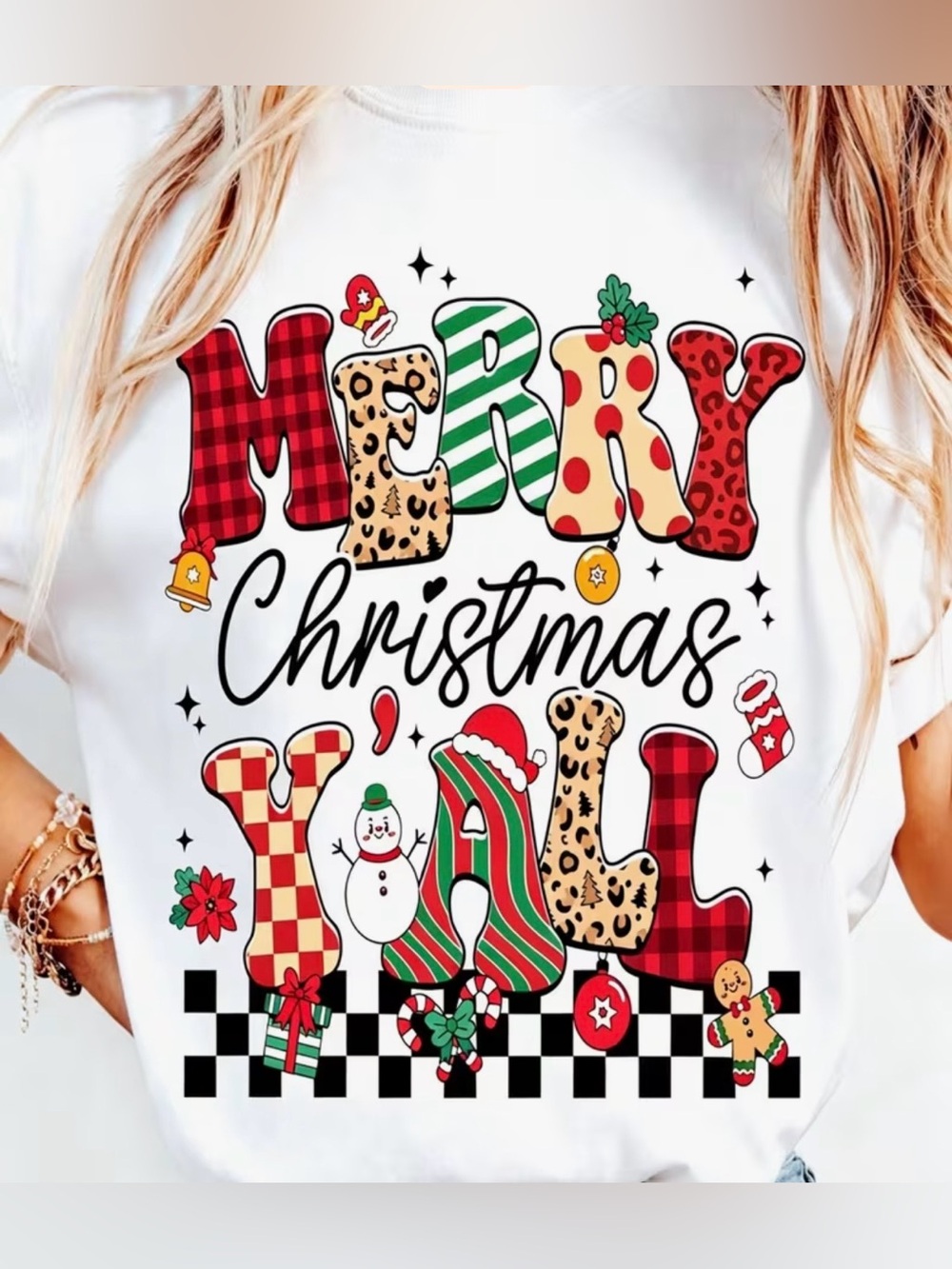 Festive Merry Christmas Y'All Holiday Graphic Tee - White - Size Large